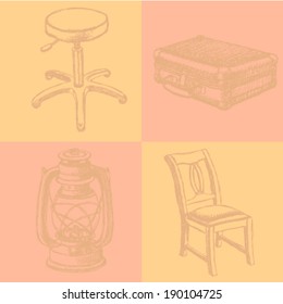Sketch stool, suitcase, kerosene lamp and chair, vector vintage set