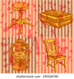 Sketch stool, suitcase, kerosene lamp and chair, vector vintage set