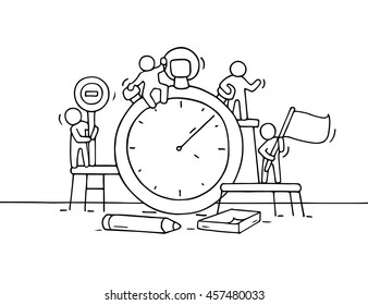 Sketch of stopwatch with working little people. Doodle cute miniature teamwork about deadline. Hand drawn cartoon vector illustration for business design and infographic.