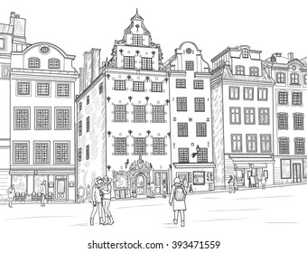 Sketch Stortorget square in Gamla Stan in Stockholm. Sweden
