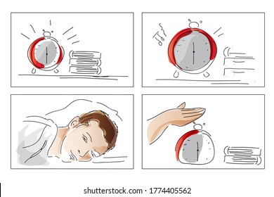 Sketch storyboard of a man waking up. Morning alarm ringing. Editable vector file.