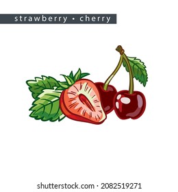 sketch strawberry and cherry: two whole berries, half and leaves 
on a white background, isolated vector drawing