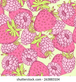 Sketch strawberry and raspberry in vintage style, vector seamless pattern