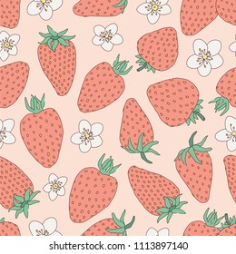 Sketch strawberry seamless pattern. Hand drawn garden berries vector background. Flowers and strawberries seamless texture