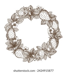 Sketch of a strawberry wreath. Round frame of years, flowers, branches and leaves on a white background. Vector, linear illustration in the style of an old engraving. Packaging images.