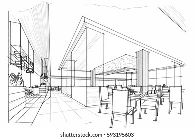 sketch streaks all day & restaurant, black and white interior design. vector sketch