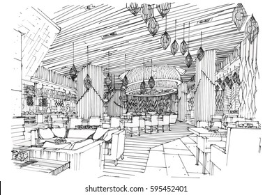 Sketch Streaks All Day & Restaurant, Black And White Interior Design. Vector Sketch