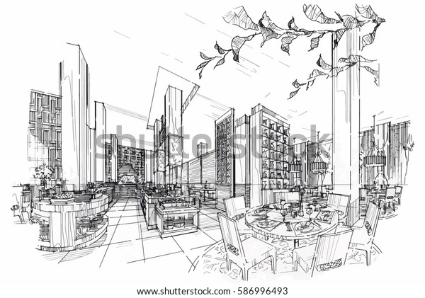sketch streaks all day & restaurant,\
black and white interior design. vector\
sketch