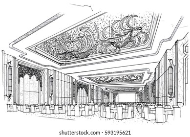 sketch streaks ballroom, black and white interior design. vector sketch