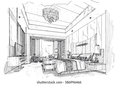 sketch streaks bedroom, black and white interior design. vector sketch