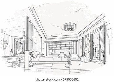 sketch streaks bedroom, black and white interior design. vector sketch