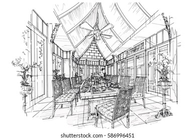 sketch streaks dining room, black and white interior design. vector sketch