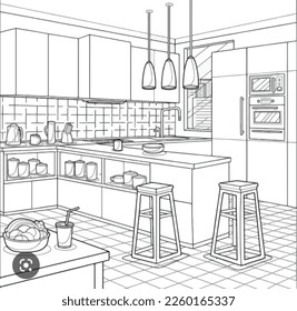 sketch streaks kitchen design, black and white interior design. vector sketch