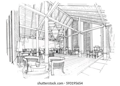 sketch streaks lobby hall, black and white interior design. vector sketch