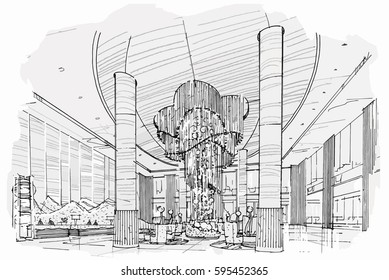sketch streaks lobby hall, black and white interior design. vector sketch