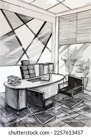 sketch streaks office, black and white interior design. vector sketch Vector illustration of interior design. In the style of drawing.