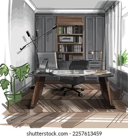 sketch streaks office, black and white interior design. vector sketch Vector illustration of interior design. In the style of drawing.