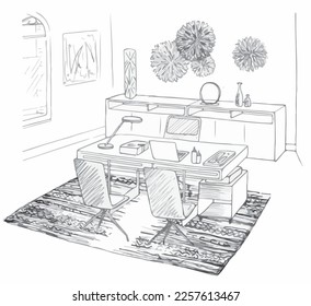 sketch streaks office, black and white interior design. vector sketch Vector illustration of interior design. In the style of drawing.