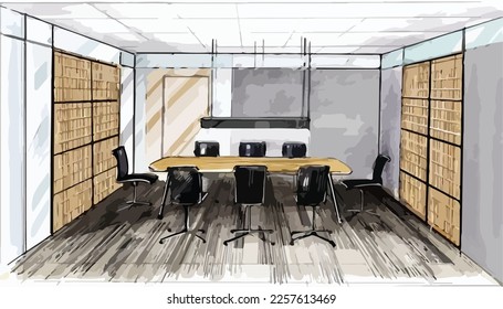 sketch streaks office, black and white interior design. vector sketch Vector illustration of interior design. In the style of drawing.