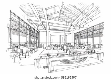 Sketch Streaks Restaurant, Black And White Interior Design. Vector Sketch