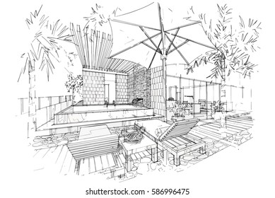 sketch streaks Swimming pool, black and white interior design. vector sketch
