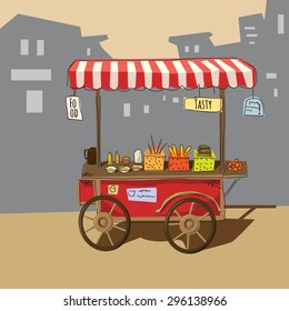 Sketch of street food carts, cartoon, vector, illustration