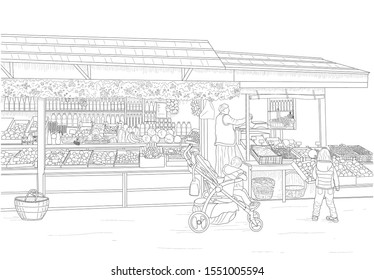 sketch of a street fruit and vegetable shop
