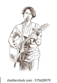 Sketch of street guitarist. Vector outlines and silhouettes of singer.