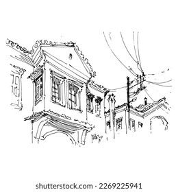 Sketch of the street. Old city street in hand drawn sketch style. Vector illustration. Black and white urban landscape on white background