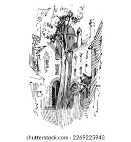Sketch of the street. Old city street in hand drawn sketch style. Vector illustration. Black and white urban landscape on white background