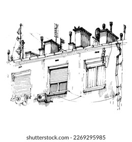 Sketch of the street. Old city street in hand drawn sketch style. Vector illustration. Black and white urban landscape on white background