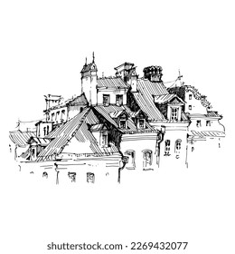 Sketch of the street. Old city street in hand drawn sketch style. Vector illustration. Black and white urban landscape on white background