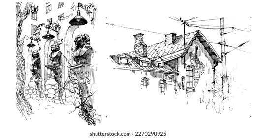 Sketch of the street. Old city street in hand drawn sketch style. Vector illustration. Black and white urban landscape on white background