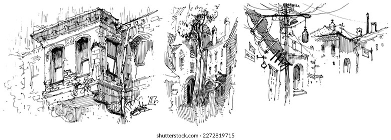 Sketch of the street. Old city street in hand drawn sketch style. Vector illustration. Black and white urban landscape on white background