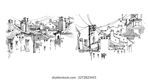 Sketch of the street. Old city street in hand drawn sketch style. Vector illustration. Black and white urban landscape on white background
