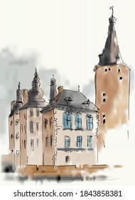 Sketch of street of an old European city with high-rise buildings and a tower. Imitation of a watercolor painting.