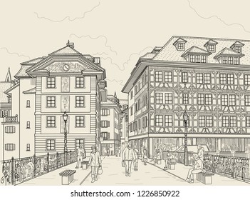 sketch of the street in the old town. Lucerne Switzerland