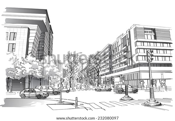 Sketch of street\
in Paris. Vector illustration\
