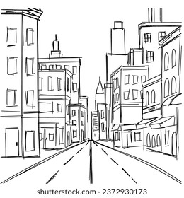 Esbozar composición cuadrada de calle. Calle dibujada a mano en la ciudad. Contorno edificios. Ilustración vectorial. 