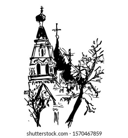 Sketch of street view of church in downtown of Saint Petersburg. Traditional russian church surrounded by trees in historical center of city. Urban sketching. Black and white graphic drawing. 