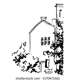 Sketch of street view of historical center of city. Black and white hand drawn graphic. House in downtown, yard, garden, windows, walls, trees, door, roof, bushes. Line art, simple elegant drawing