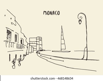 Sketch of streets in Monaco, vector illustration, hand drawn