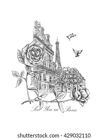 sketch from the streets of Paris street lights, soaring doves, roses and inscription - See you in Paris