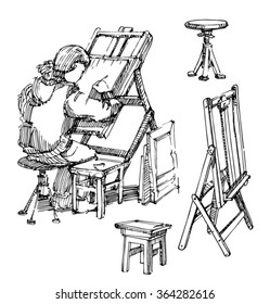 sketch of student at the easel. Sketch of easel. Chair.