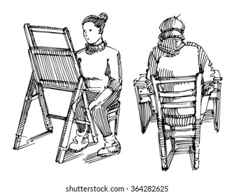 sketch of student at the easel. Sketch of easel. Chair.