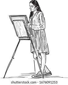 Sketch of student girl paints in open air
