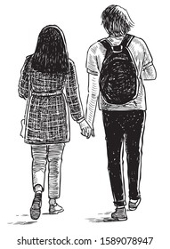 Sketch of students couple going for a walk