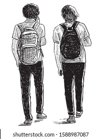 Sketch of students friens walking along urban street