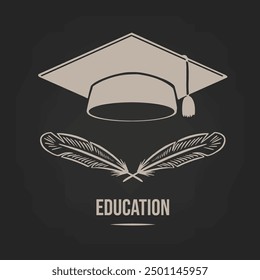 Sketch of a student's hat with feathers for writing. Learning symbol. Hand-drawn on a ldark background. Vector