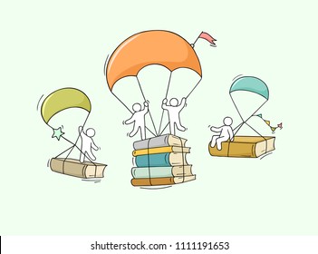 Sketch studing little people. Doodle cute miniature with parachute and books. Hand drawn cartoon vector illustration for education design.